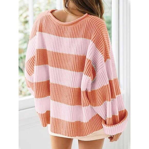 Women's Light Pink Pullover Drop Shoulder Long Sleeve Retro Stripe Fall Sweater - Picture 3 of 3